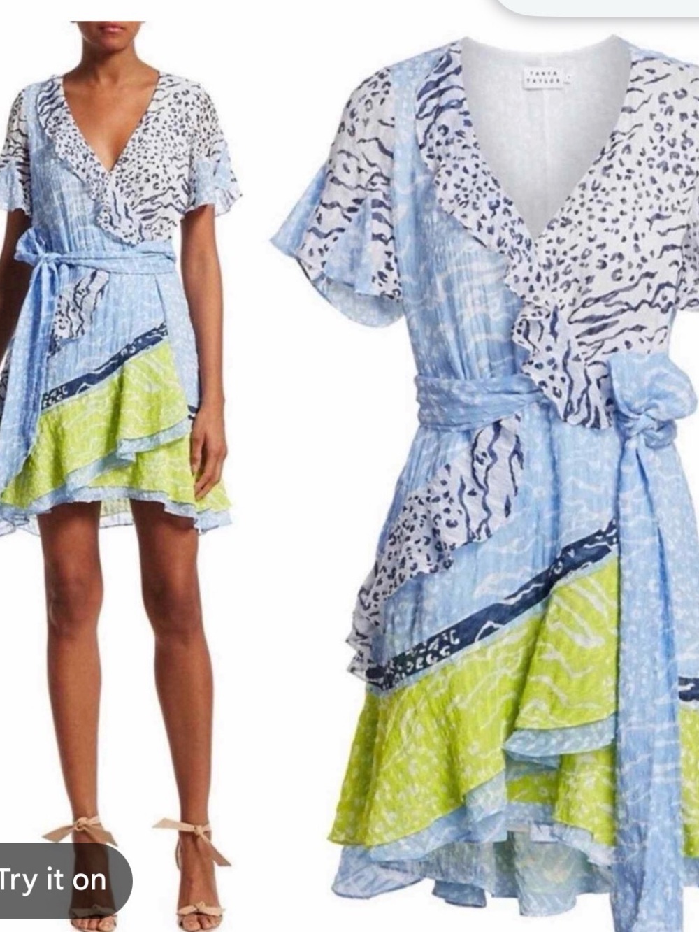 Tanya Taylor Blue & Lime Mixed-Print Ruffle Wrap Mini Dress